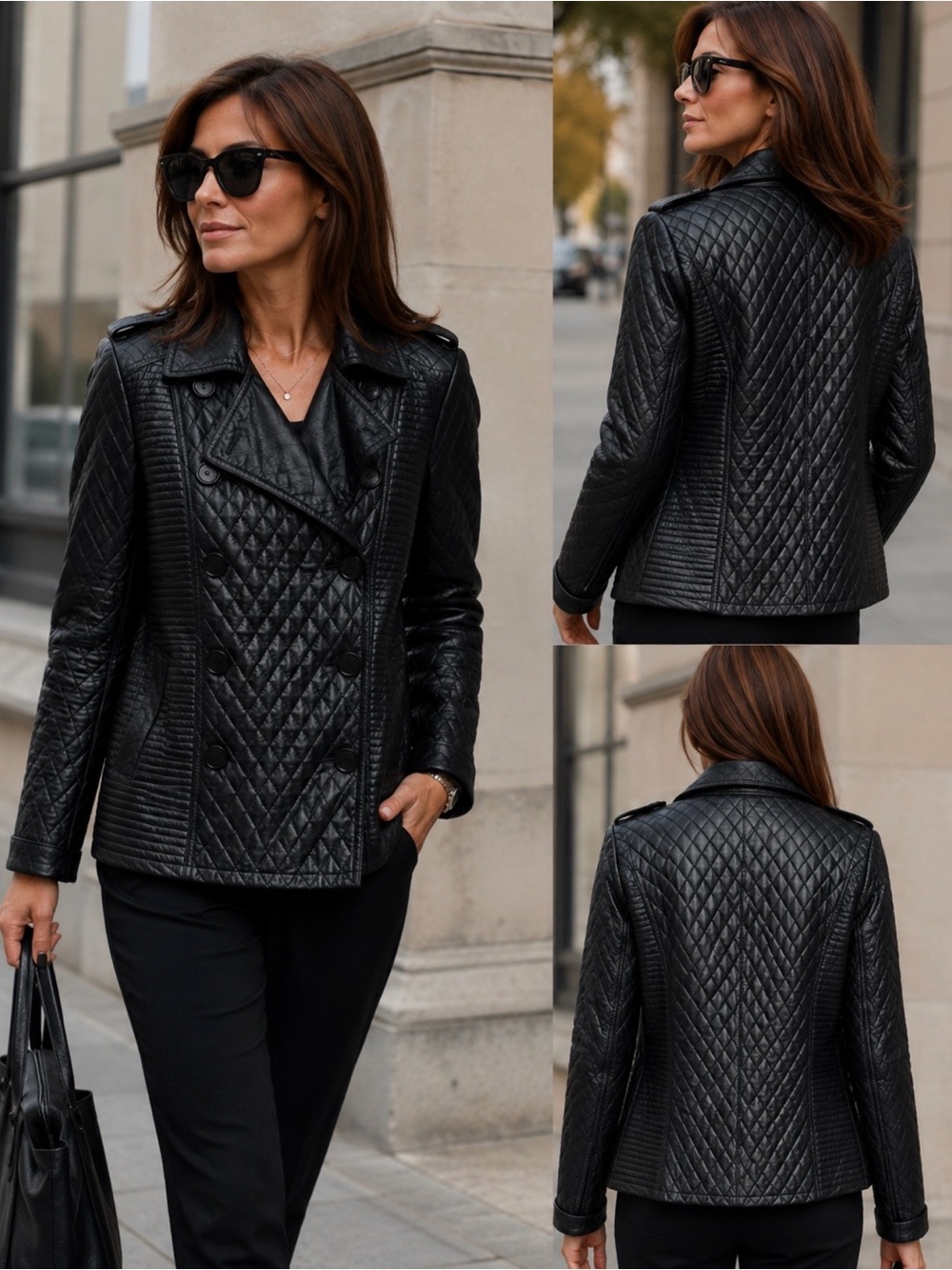 Bellucci black quilted double-breasted leather jacket with a turn-down collar